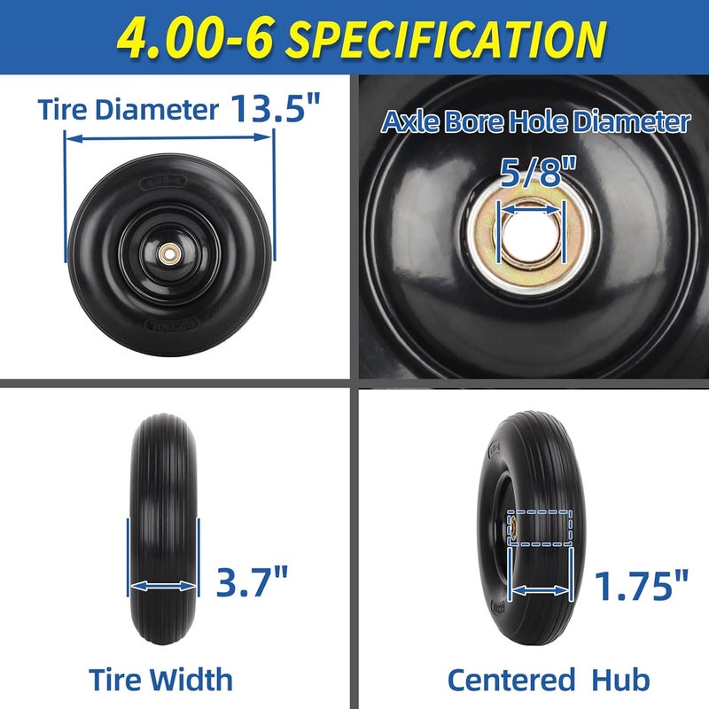 GICOOL 13" Wheelbarrow Tire, 4.00-6 Flat-free Solid Tire and Wheel, with 5/8" or 3/4" Bearings, 1.75" Centered Hub for Wheelbarrow/Wagon/Trolley/Garden Scooter Cart - Image 2